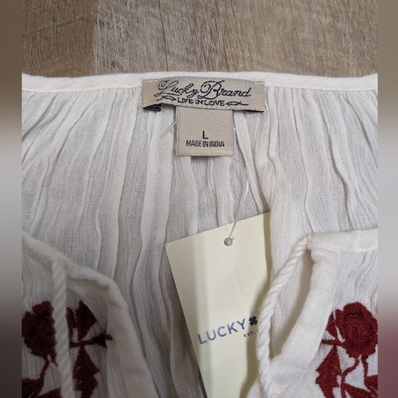 Lucky Brand White Semi Sheer Red Embroidered Chest Blouse New with tags - Picture 6 of 11
